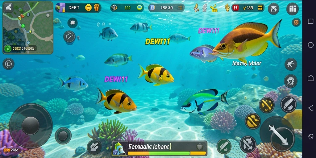 Tampilan gameplay DEWI11 yang menampilkan aksi menembak ikan yang intens.