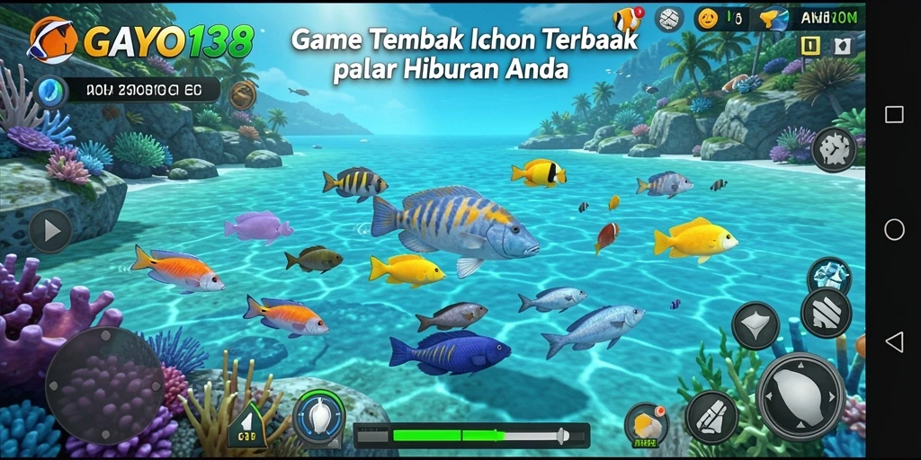 Screenshot menunjukkan gameplay seru GAYO138 dengan ikan berwarna-warni.