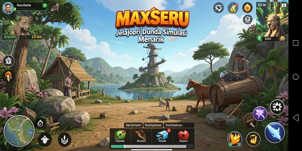 Screenshot menunjukkan gameplay MAXSERU dengan interaksi karakter yang hidup.