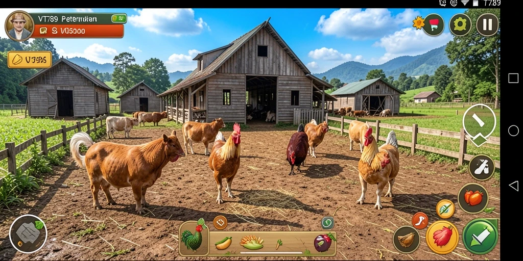 Tangkapan layar gameplay VT789 menampilkan pertanian yang indah dan berwarna-warni.